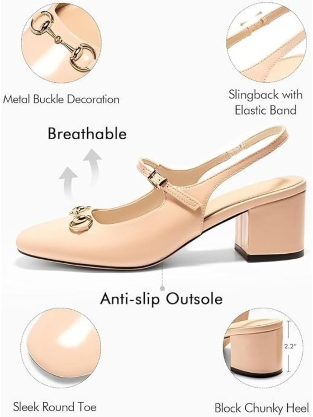 PiePieBuy Size 8.5 Pumps Slingback 2.2-Inch Block Heel Glossy Patent Leather - Picture 3 of 7